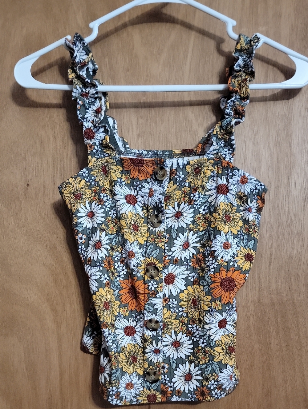 No Boundaries Floral Ruffle-Strap Button Front Camisole - White/Yellow/Orange